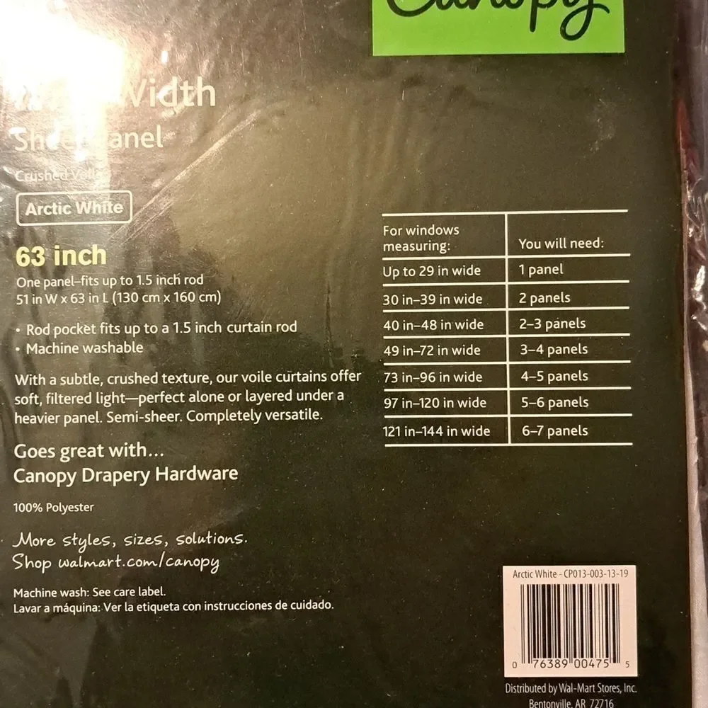 Canopy wide width sheer panel artic white new
